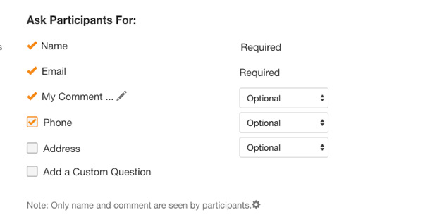 participant info in a sign up