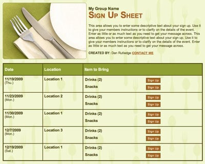 Potluck family meal online volunteer sign up form