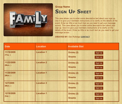 Family reunion event party sign up form