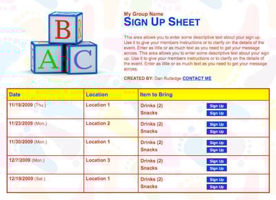 Toddler preschool school volunteer sign up sheet