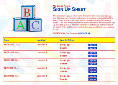 Toddler preschool school volunteer sign up sheet