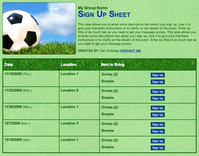 Soccer or futball snack and volunteer scheduling sign up
