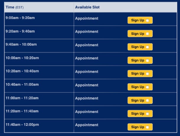 image of online sign up with time slots