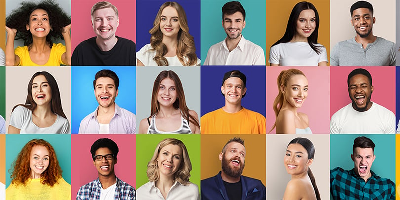 Colorful squares of diverse people looking happy and excited