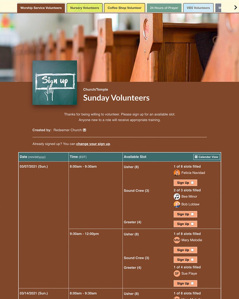 Schedule worship service volunteers