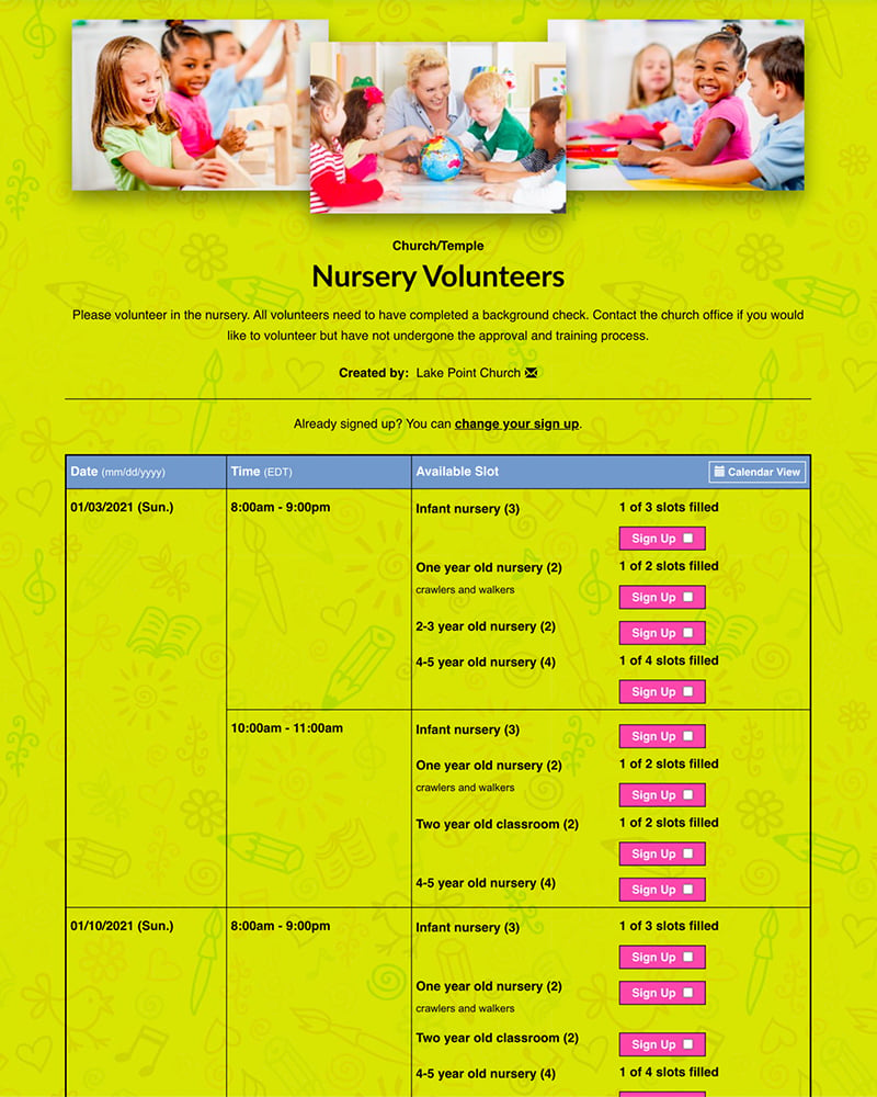 Recruit and schedule nursery volunteers