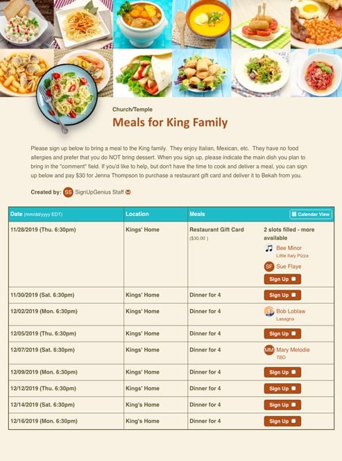 family meal calendar