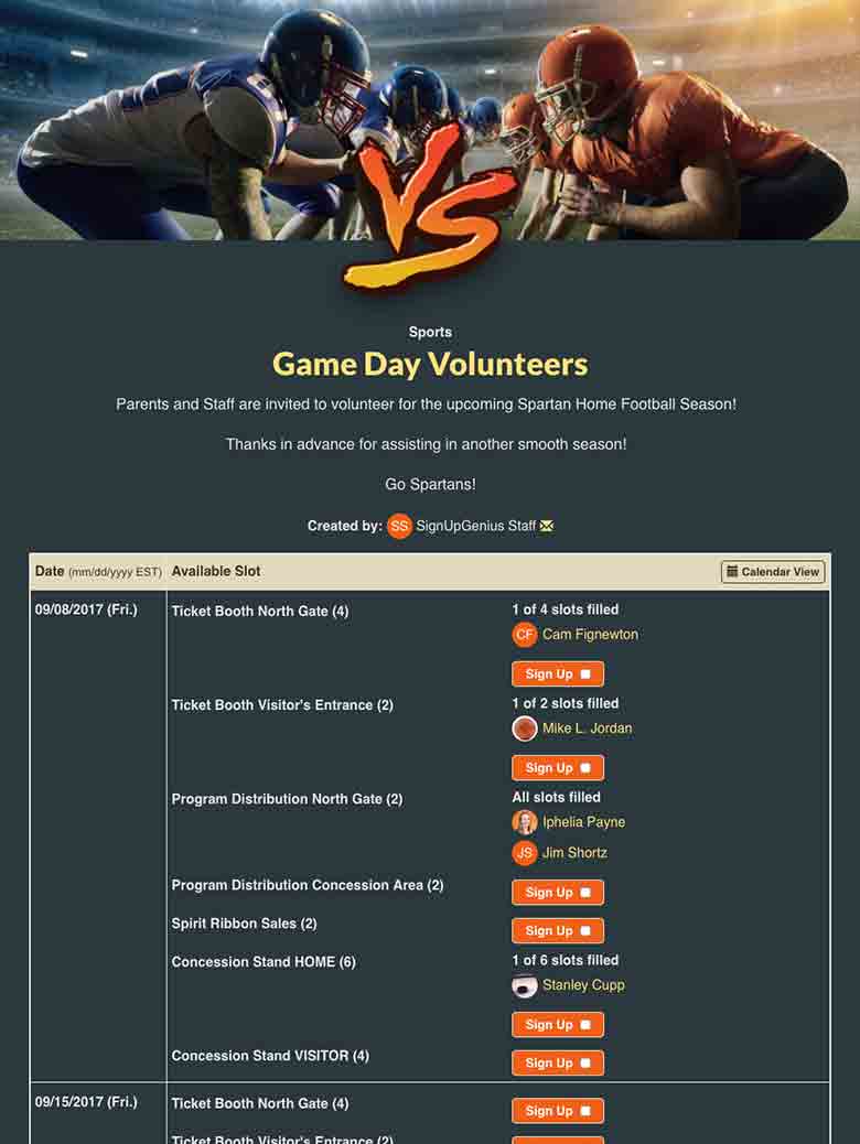 Manage Game Day Volunteers