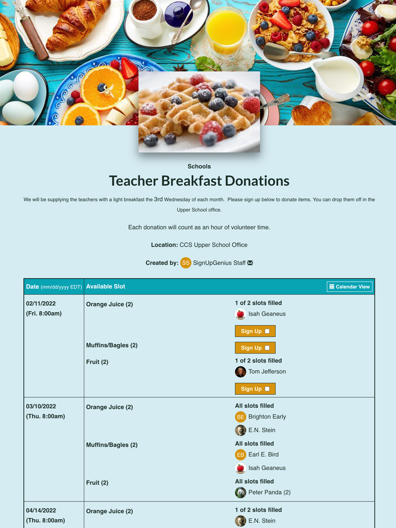 Teacher Breakfast Donations Signup