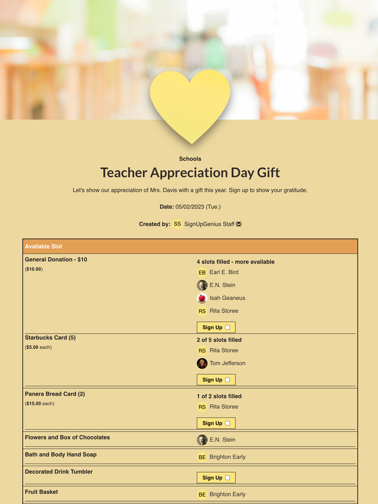 Teacher Appreciation Day Gift Signup