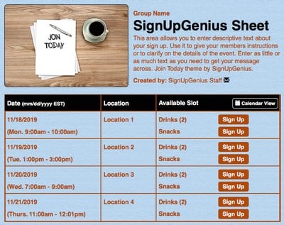 sign up sheet