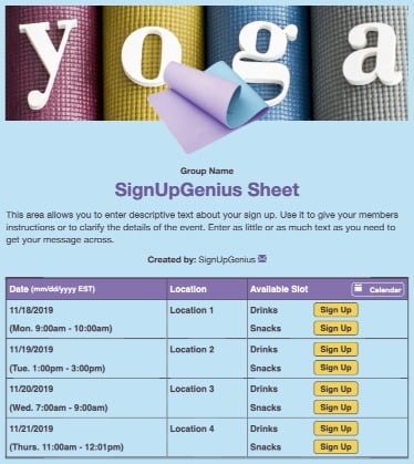 yoga exercises health fitness classes clinics namaste blue sign up form