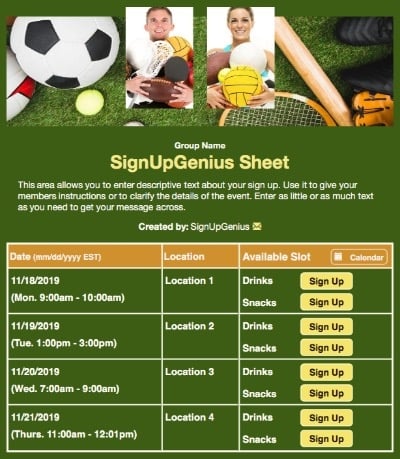 sports teams practices snacks boosters athlete intramurals volleyball tennis soccer green sign up form