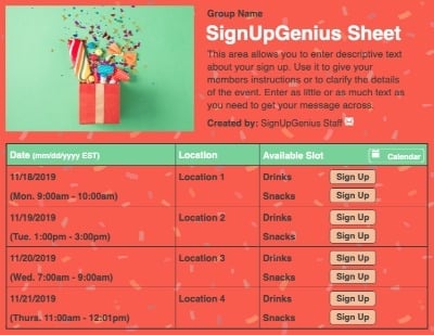 birthday party presents gifts celebrations red sign up form
