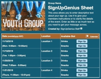 youth group church teens students sign up form