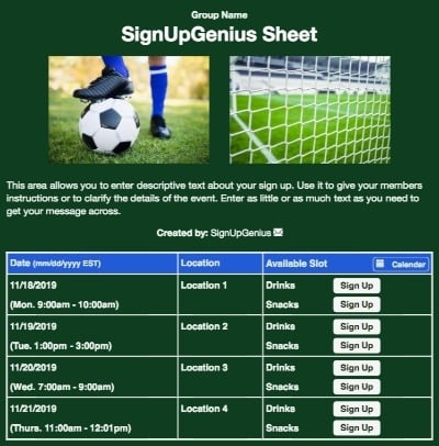 sports soccer goal net clinics camps tournament green sign up form