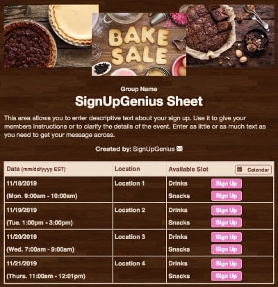 bakes sale food fundraiser pies brown sign up form