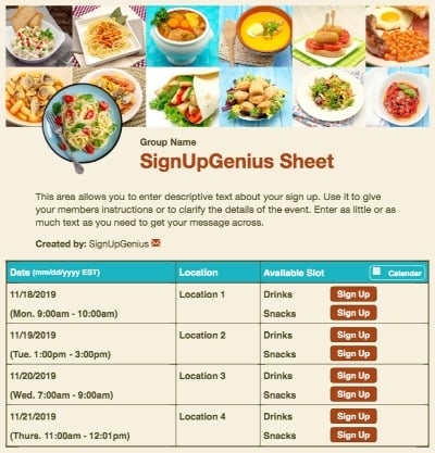 food meals potlucks restaurants beige sign up form