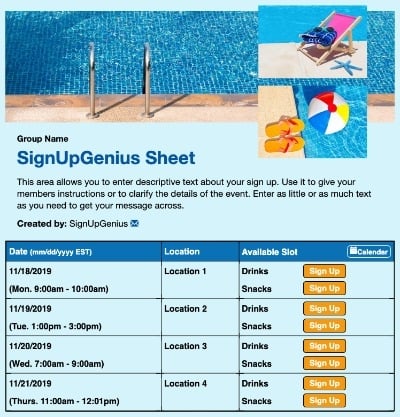 swimming vacation party summer blue sign up form
