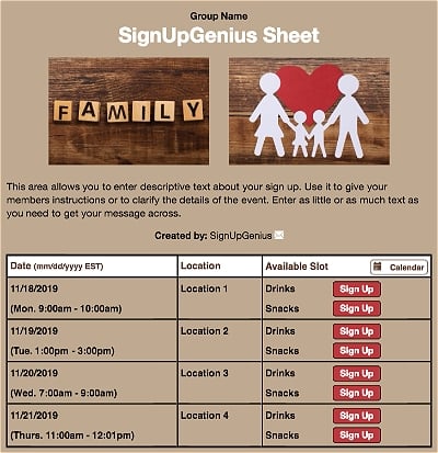 family love reunion brown sign up form