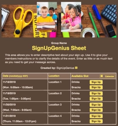 schools supplies classroom students project technology brown sign up form