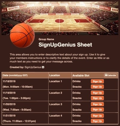 basketball court tournaments sports games teams brown sign up form