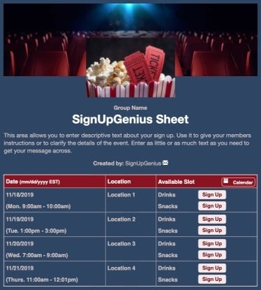 movies film tickets concessions popcorn theater blue sign up form