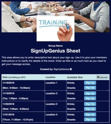 trainings meetings business planning  sign up form