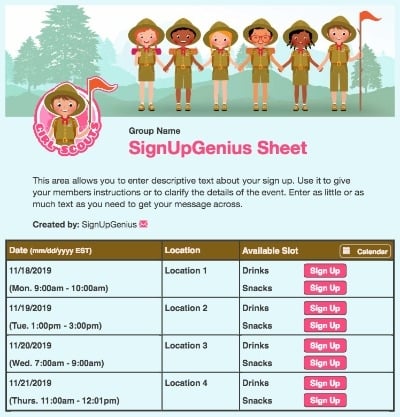 girl scouts camping hiking camp brown sign up form