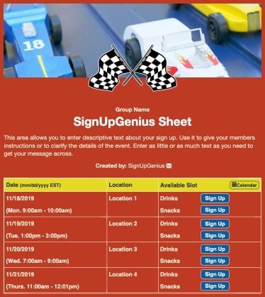 pinewood derby race cars racing flags competition scouts red sign up form