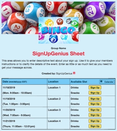 bingo games tickets charity prize blue sign up form
