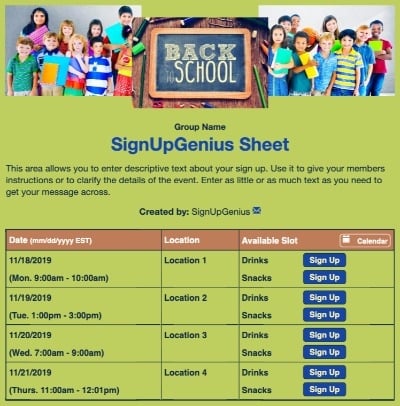 back to schools supplies classroom teachers volunteers PTA PTO students green sign up form