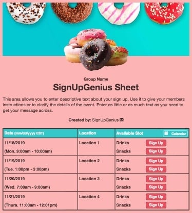 donuts doughnuts fundraiser breakfast treats pink sign up form