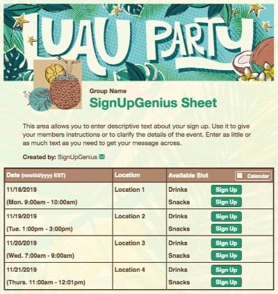 luau party dance coconut tropical beige sign up form