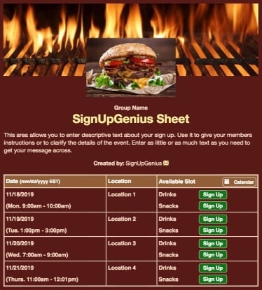 cookout grill potluck barbeque bbq hamburgers brown sign up form