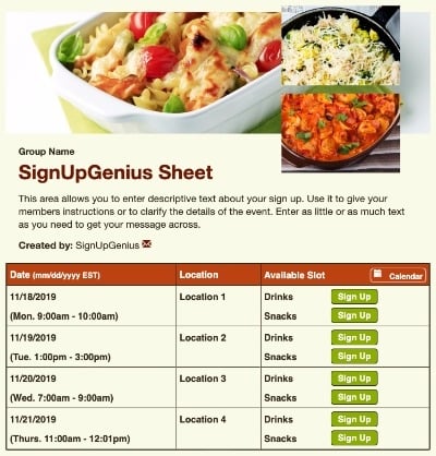 pasta meals potlucks dinner casseroles food parties party sign up form