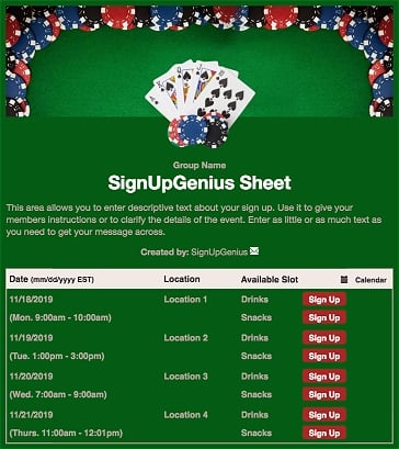 poker fundraiser game night cards green sign up form
