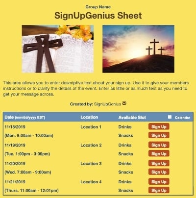 Easter Sunrise Service sign up sheet