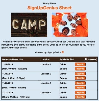Camp Counselors sign up sheet