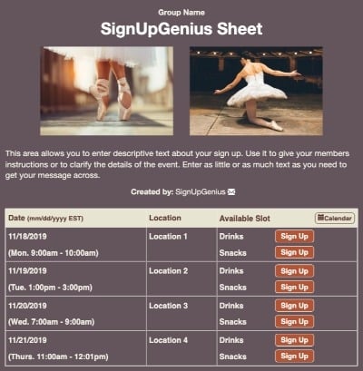 Ballet Recital sign up sheet