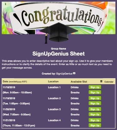 Graduation Celebration sign up sheet