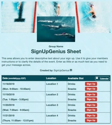 Swim Team sign up sheet