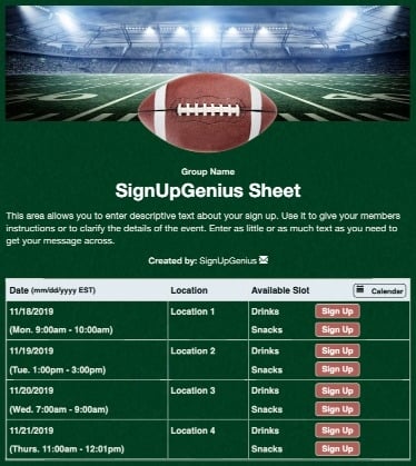 football teams sports games boosters tailgating green sign up form