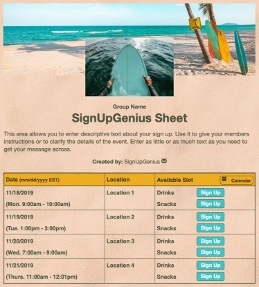 Sand and Surf sign up sheet