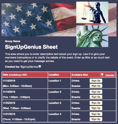 Liberty and Justice sign up sheet