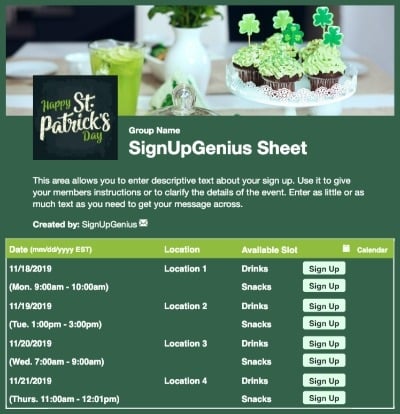 St. Patrick's Party sign up sheet