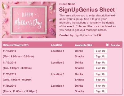 Happy Mother's Day 2 sign up sheet