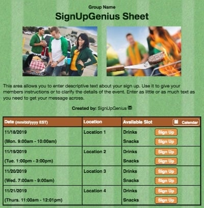 football teams sports rally games tailgating tailgate green sign up form