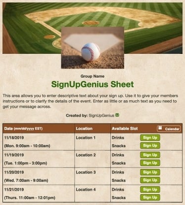 baseball tournaments leagues sports games teams beige sign up form