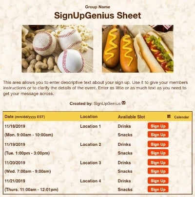 baseball softball t-ball concessions snacks sign up form